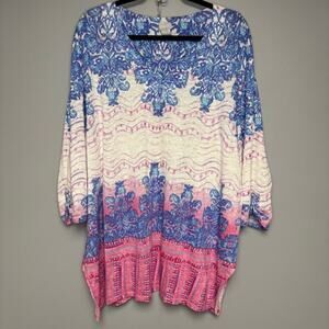 Chico's‎ Sz 4 100% Linen Boho Print Split Neck Tunic Sz XXL